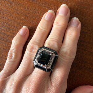 Art Deco Style Sterling Silver Black Onyx & White Topaz, Enamel Ring